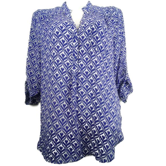 Dina be Ikat Print Button Tab Sleeve V-Neck Tunic - Picture 1 of 7